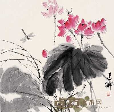 郑道卿 荷花蜻蜓 立轴 67×67cm